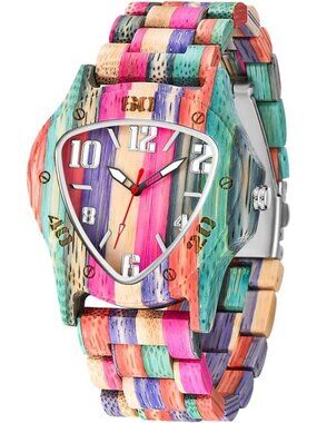 Men's Multi Color Analog Quartz Handmade Colorful Bamboo Triangle Wooden Watch